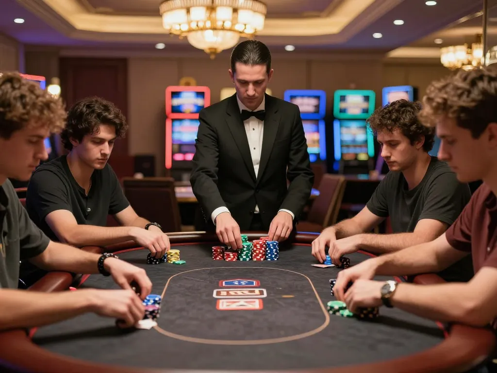 Intense poker gameplay at Oxbet casino with players focused on their cards and colorful chips