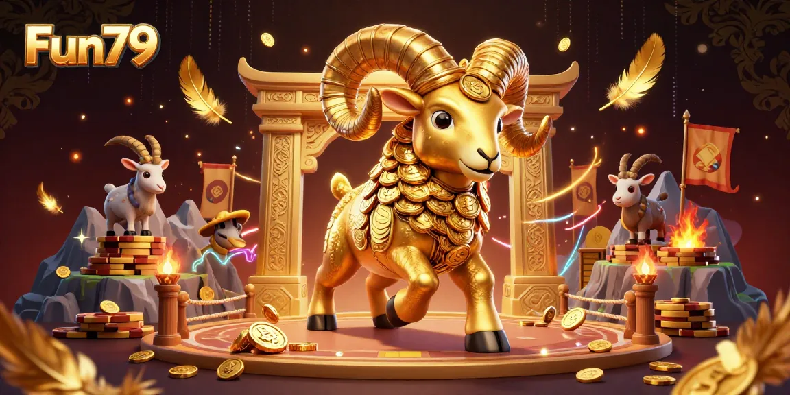 Fun79 showcases exhilarating casino action with a golden ram charging at a gate, surrounded by coins and festive elements.