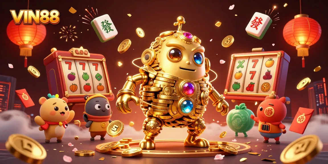 Experience thrill with VIN88's dynamic animation featuring a golden golem, slot symbols, and stunning casino elements.