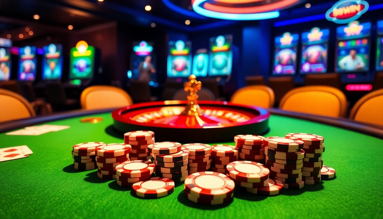 Experience the excitement at 98win's luxurious casino table with poker chips and cards.