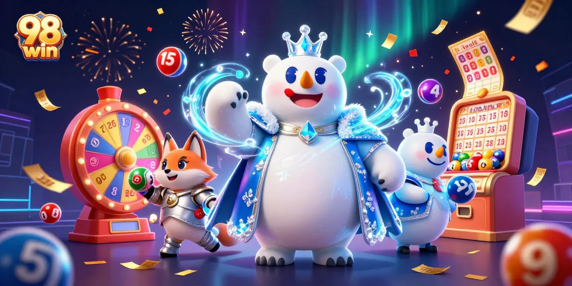 Spin to win with 98 win at an exciting online casino featuring vibrant lottery balls and festive elements.