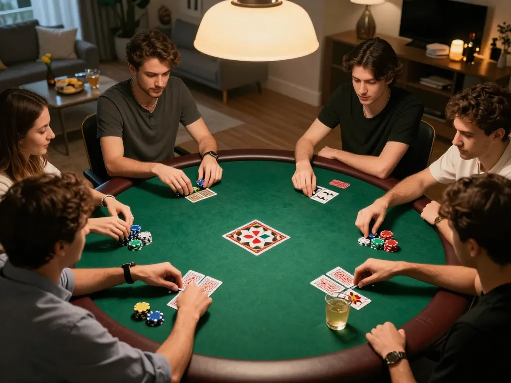 Friends engaged in a poker game at home, showcasing the strategic gameplay of lu88n with vibrant chips and cards.