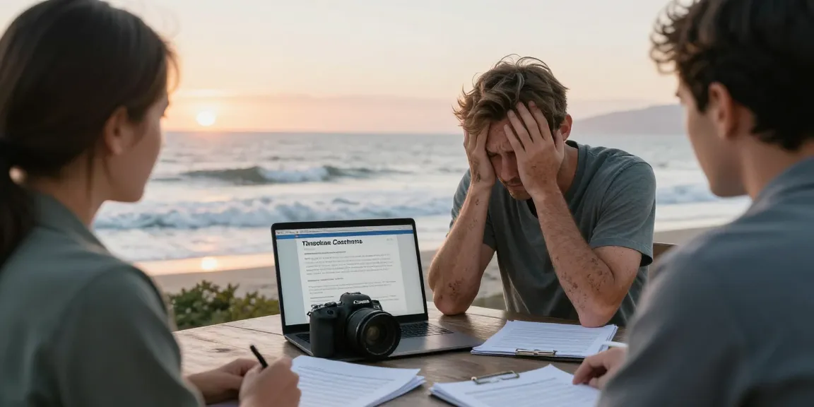 Homeowner relieved after consulting best timeshare exit companies on a scenic beach.