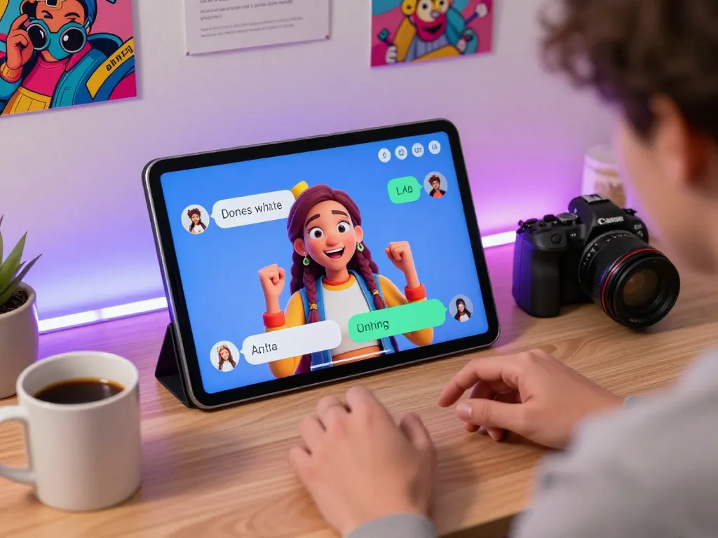 Engaging AI chat session showcasing a crush on virtual characters in a vibrant workspace.