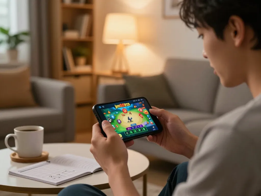 Player exploring the exciting jun88pizza betting app on a smartphone in a cozy living room.
