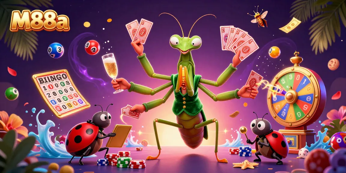 Experience the M88a excitement with vibrant lottery elements and engaging characters in a casino-themed illustration.