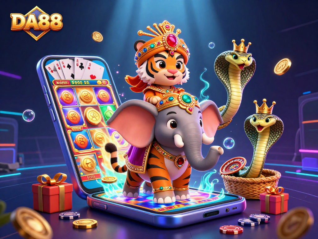 Win exciting prizes with DA88's vibrant 3D casino-themed illustration showcasing engaging slot games.