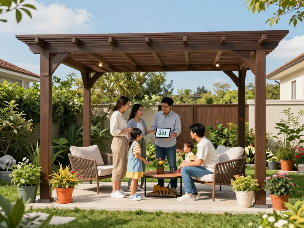 Family discussing pergola configurator options in a sunny outdoor garden.