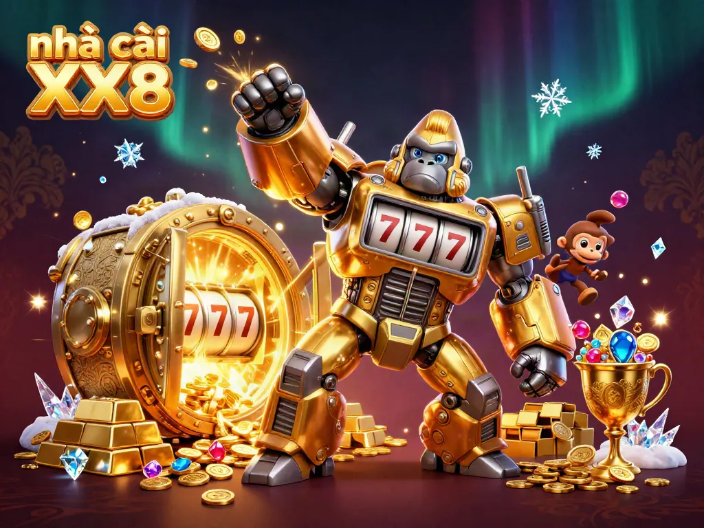 Experience gaming excitement with Nhà cái XX8's dynamic digital illustration featuring a golden gorilla mech and treasures!