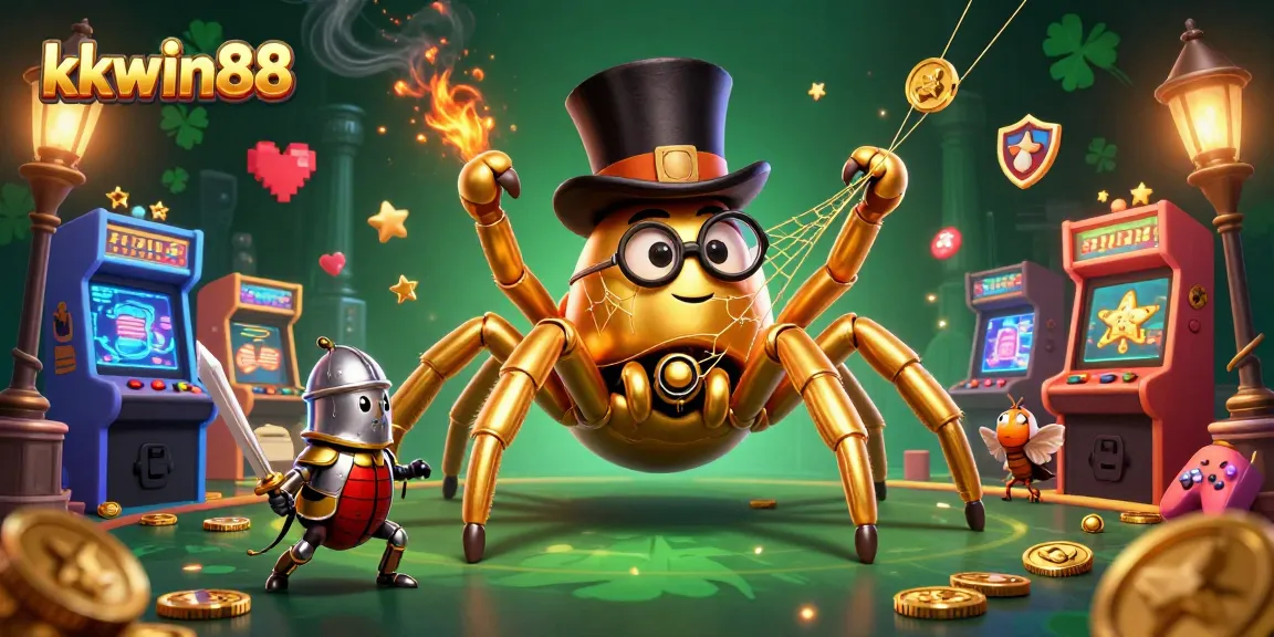 Engage with kkwin88's vibrant casino scene featuring a golden tarantula and beetle knight.