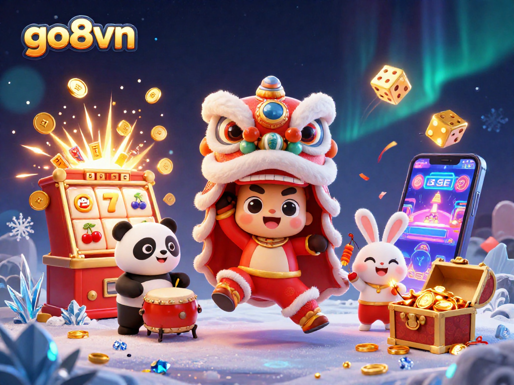 Join the excitement at go8vn with a vibrant 3D lion dance and casino elements; a thrilling gaming experience awaits.
