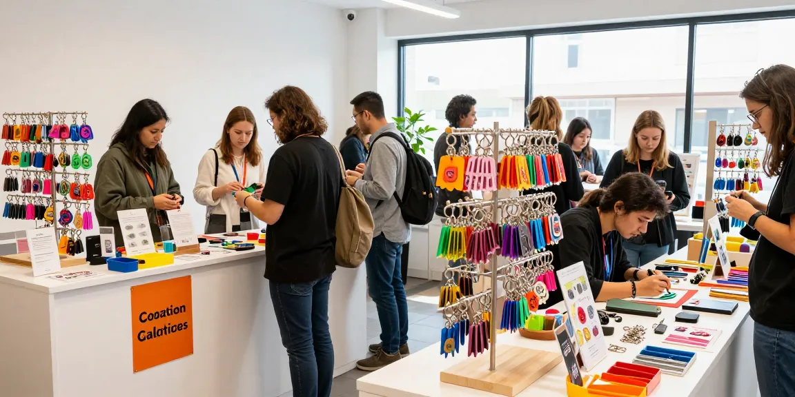 Customers selecting colorful custom keychains in vibrant retail environment.
