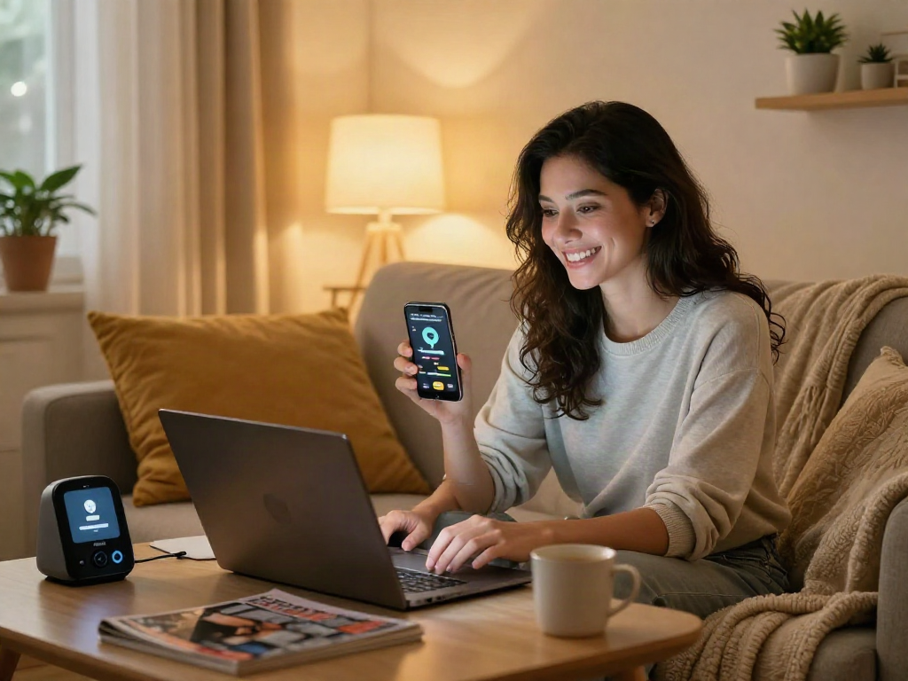 Engaging in a cozy porn chat AI session with warmth and comfort, a woman interacts joyfully on her laptop.