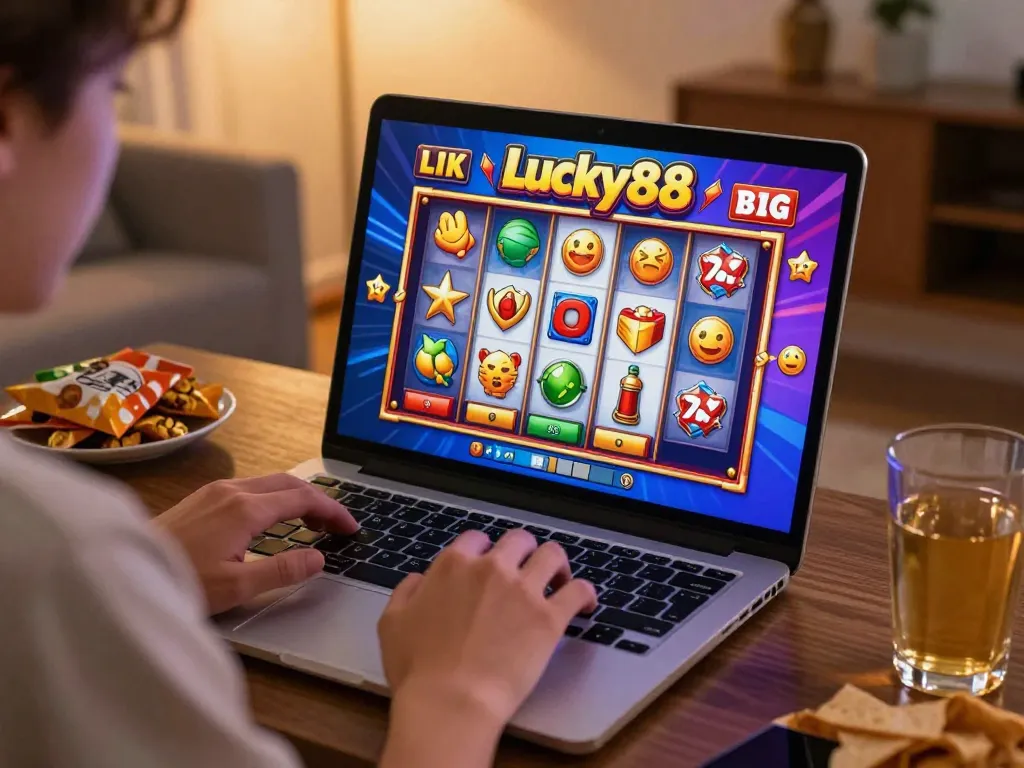 Engaging gameplay on lucky88 slot machine in a cozy home environment.