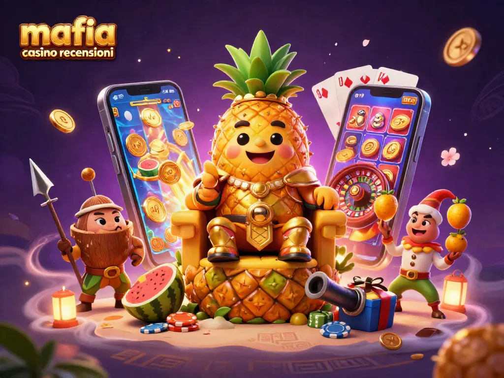 Mafia casino recensioni showcase vibrant 3D casino scene with characters, slot games, and dynamic elements.