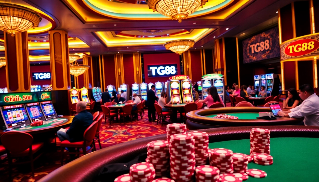 The thrilling casino experience at https://tg88co.com/ with professional dealers, vibrant slot machines, and players engaged in games.