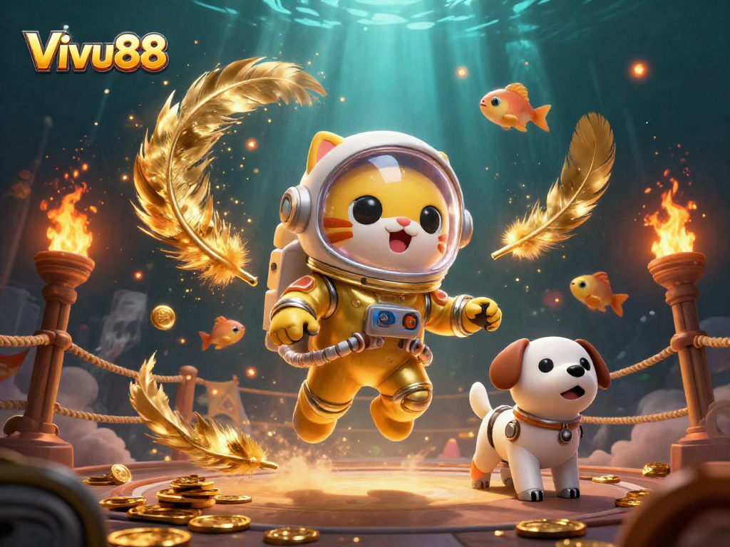 Join the excitement of Vivu88 with a thrilling cat and robot dog combo in a dynamic casino space!