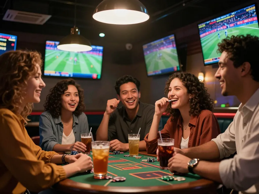Group enjoying sports betting at a lounge, actively placing bets on debet app with excitement.