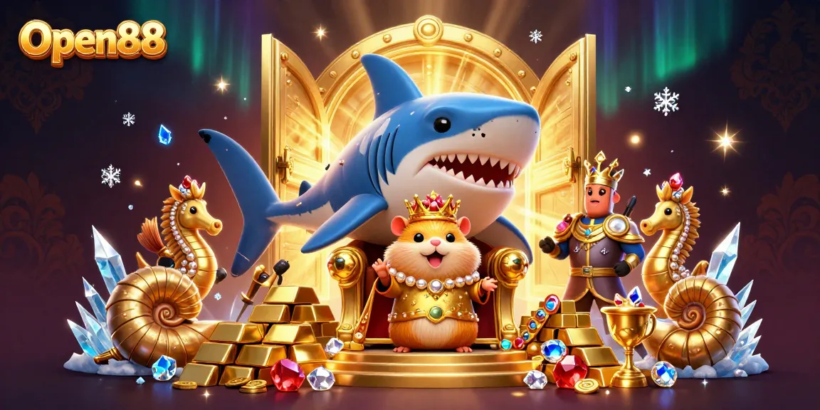 Open88 offers exciting gaming opportunities with a unique throne scene featuring a hamster king and treasure.