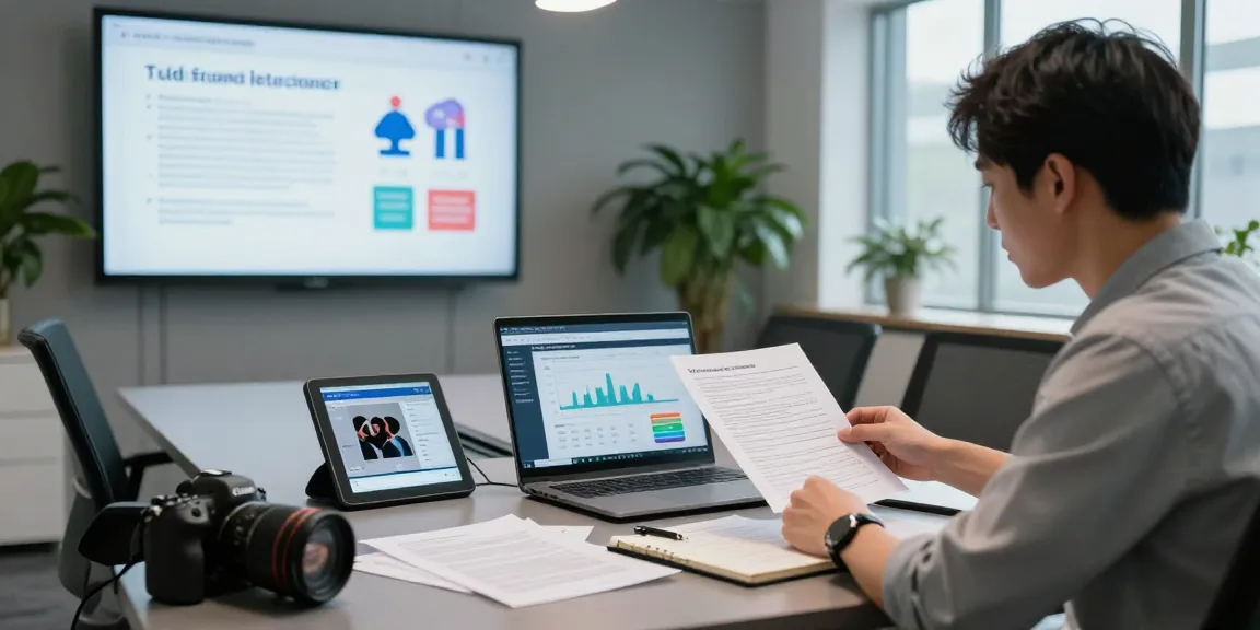 Document fraud detection scene with a cybersecurity analyst assessing fraudulent papers at a modern conference table.