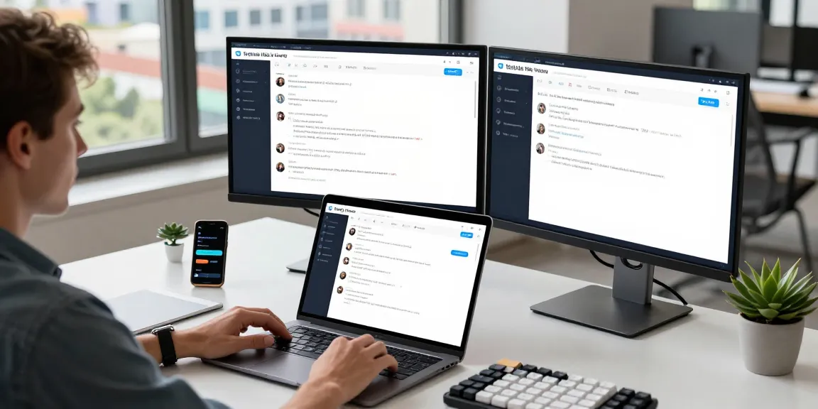 Engaging with the Telegram Web Version in a modern workspace setting with dynamic tech elements.