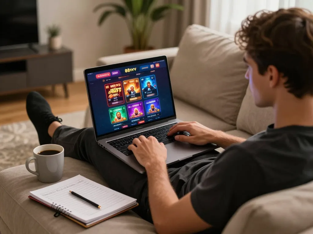 Player engaged in 88vv online gaming with laptop, showcasing vibrant casino interface and cozy atmosphere