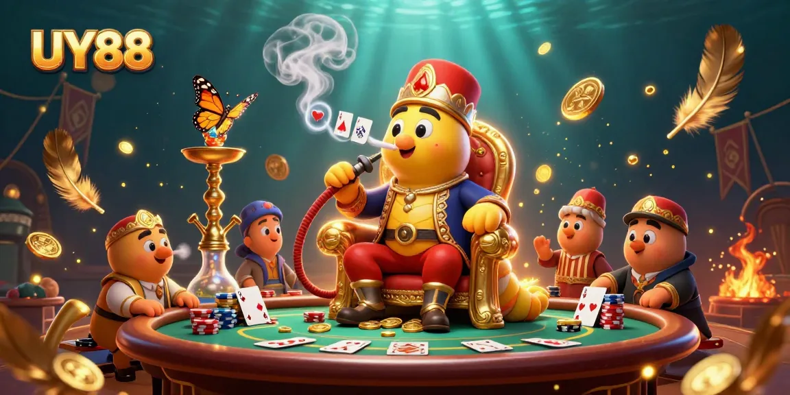 Experience UY88's vibrant casino scene with a whimsical hookah-master and poker elements!