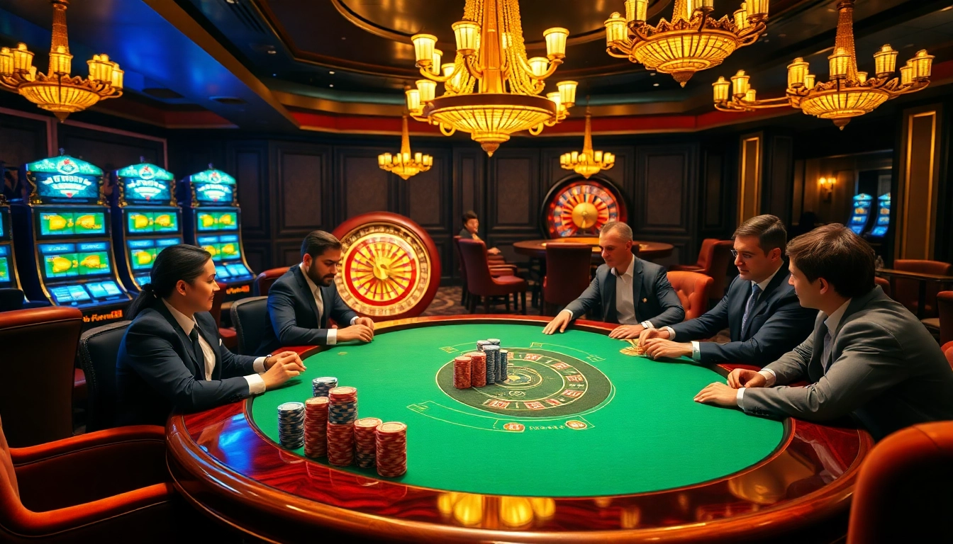 Experience thrilling gameplay at a luxurious casino featuring nohu-themed poker tables and vibrant slot machines.