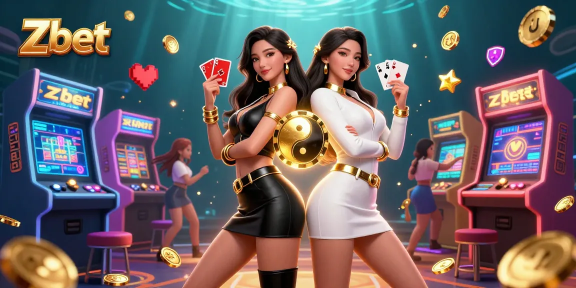 Zbet exciting casino scene with twin Asian women holding playing cards amidst vibrant game elements.