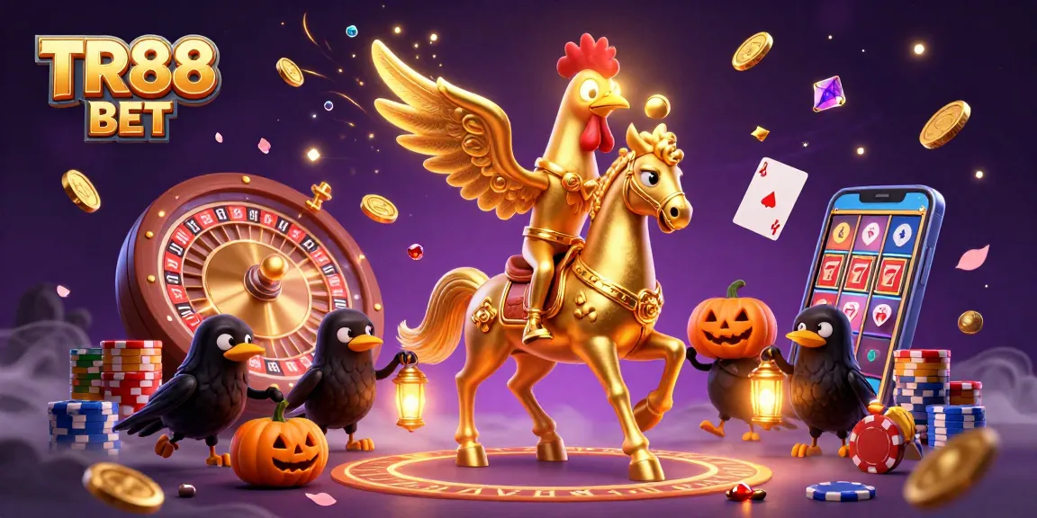 Experience the thrill of TR88 BET with a golden rooster and spectral horse in a vibrant casino scene.