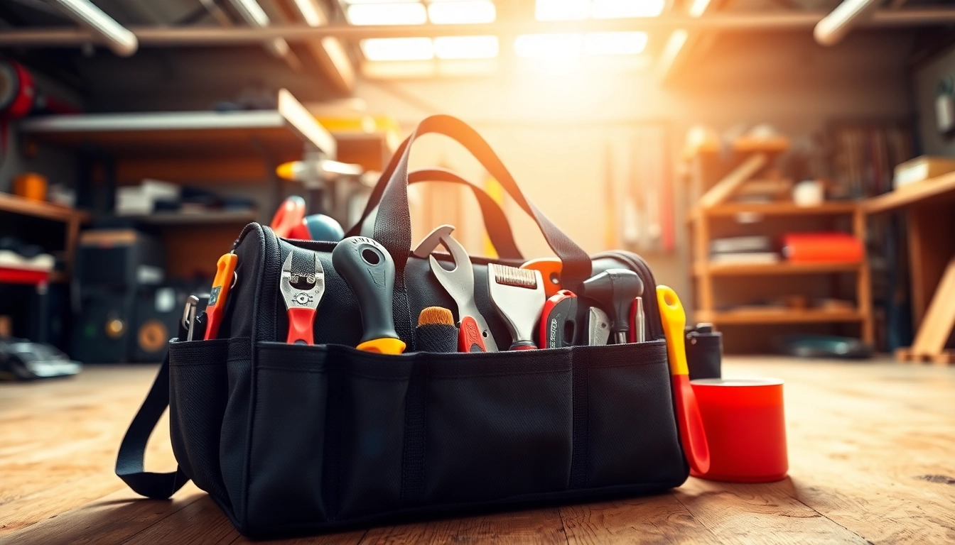 Borsa porta attrezzi professionale che mostra attrezzi organizzati in un luminoso laboratorio.