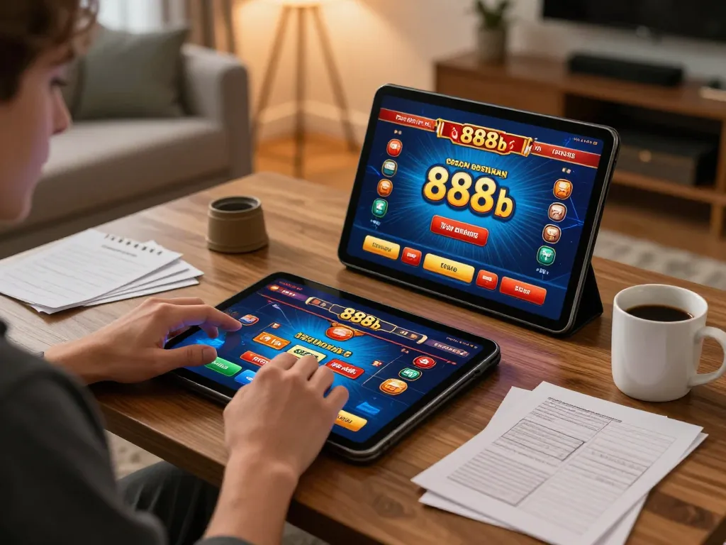 Engaging with 888b gaming interface on a tablet, showcasing an interactive online casino experience.