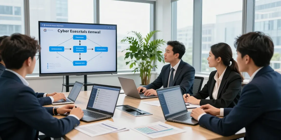 Team discussing cyber essentials renewal strategies in modern office.