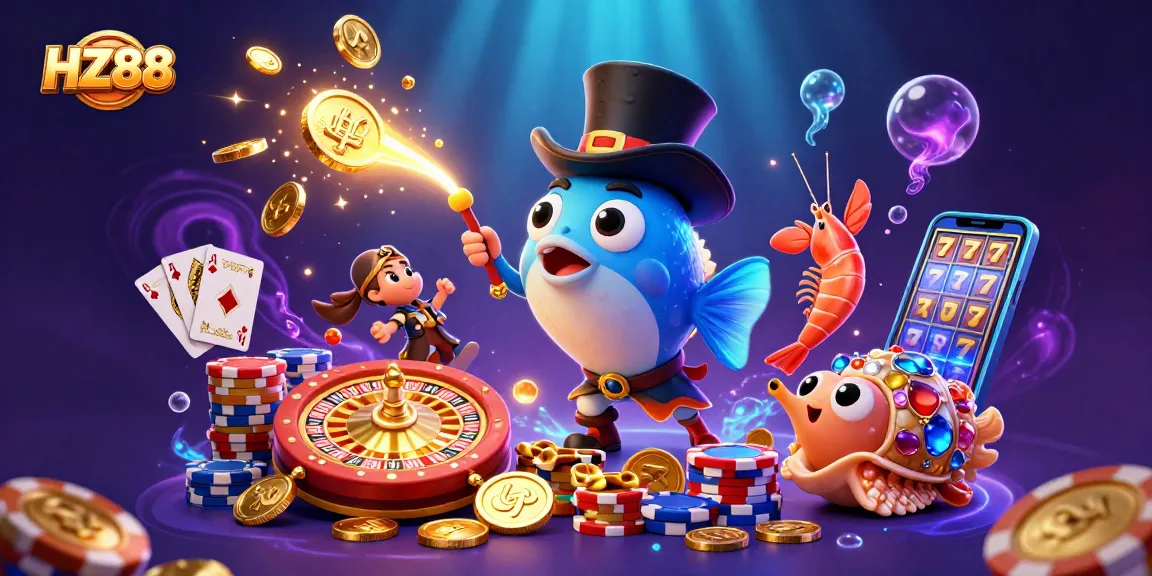 Spin the wheel of fortune with HZ88's vibrant 3D casino scene featuring lucky treasures!