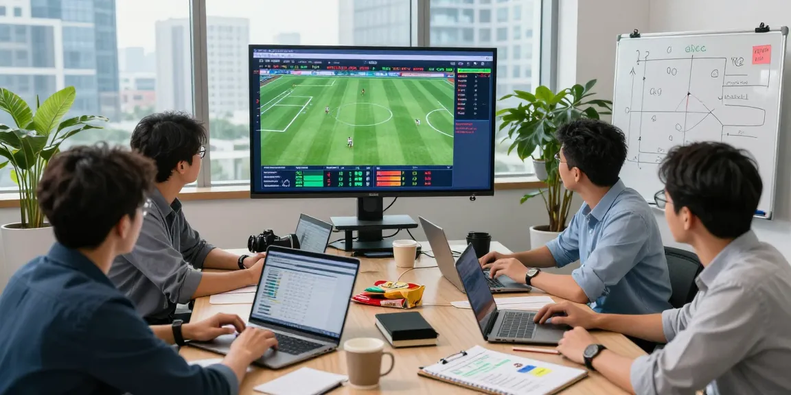 Soi kèo betting experts analyzing live football match data in a dynamic sports office environment.