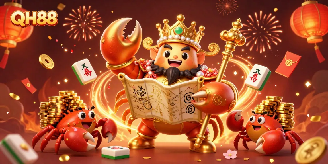 Engage with QH88's exhilarating 3D casino experience showcasing a golden crab emperor amidst radiant gaming elements.
