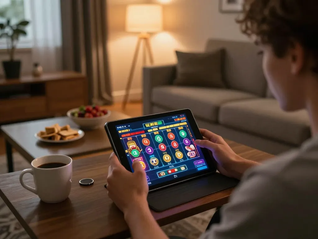 Online casino gameplay at home, showcasing nhà cái Net88 interface with engaging graphics.