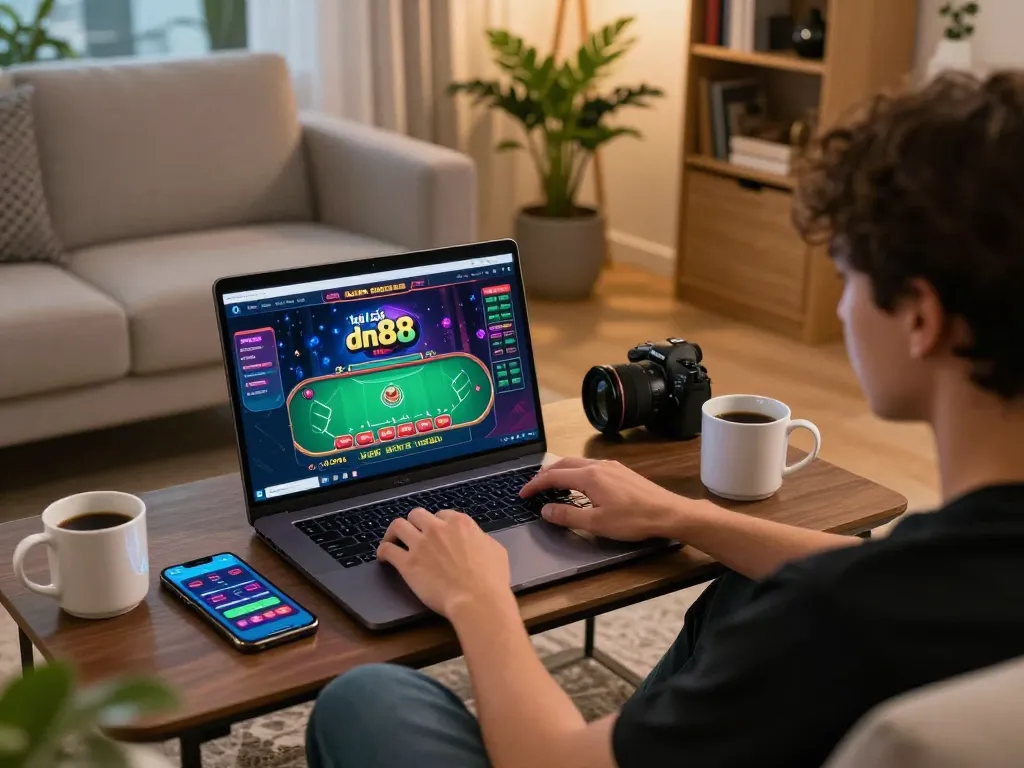 The player engages with nhà cái dn88 on a laptop, immersed in live dealer action at home.