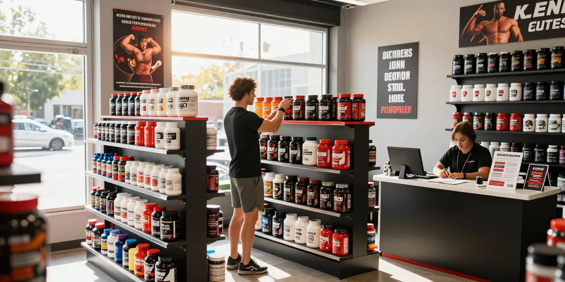 Steroide Boutique display showcasing anabolic products in a vibrant fitness supplement store, capturing an engaged shopper.