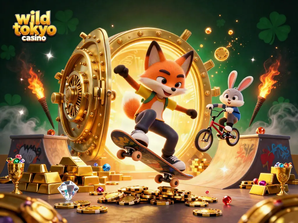 Experience excitement at wild tokyo casino with vibrant characters and casino symbols in a dynamic scene.