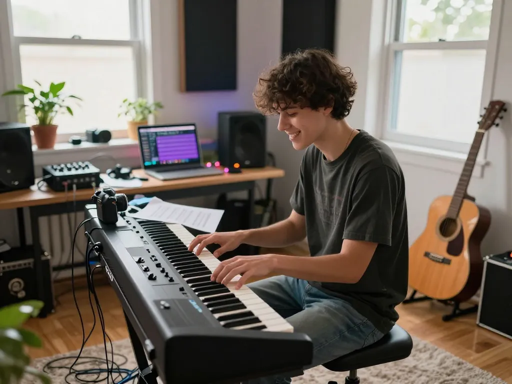 Youthful musician playing the go 88 piano in a vibrant home studio, surrounded by music sheets and creative elements.