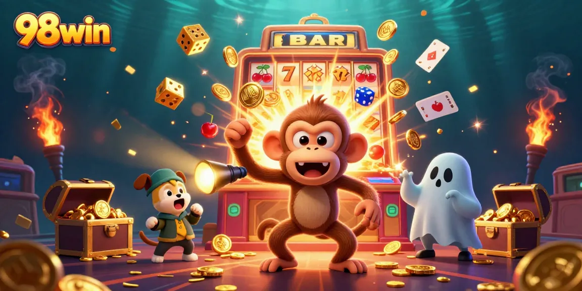 Experience the thrill of 98win com with a lively scene of gambling antics featuring a whimsical monkey and an eager puppy in a bustling casino.