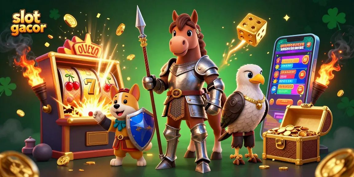 Taruhan slot gacor yang menggiurkan dengan karakter lucu dan mesin slot penuh kemenangan.