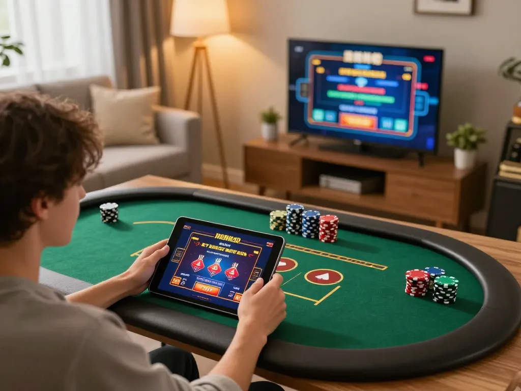 Engaged player using tablet for online casino gaming at home, one88h gaming app displayed.