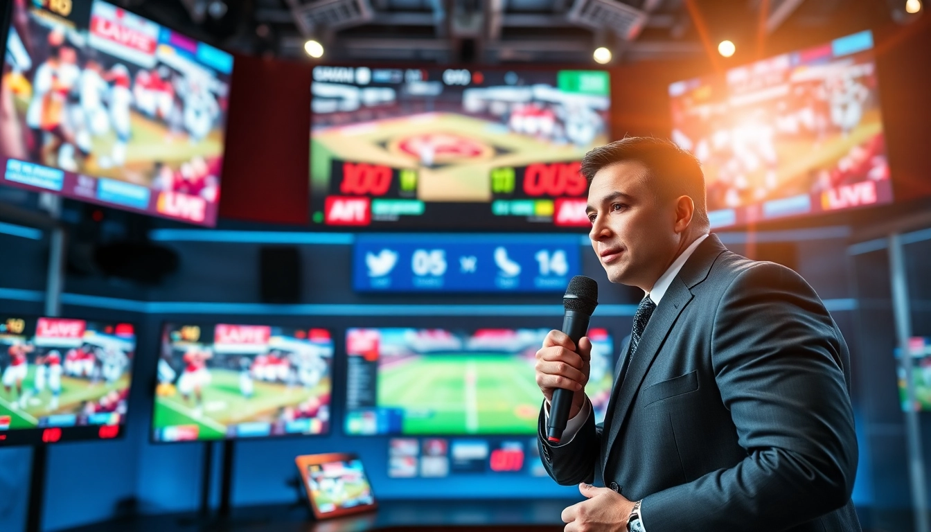 Engaging scene of sports broadcasting with an anchor discussing live events and stats.