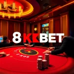 Players enjoying a high-stakes poker game at an elegant casino table promoting 8KBET.