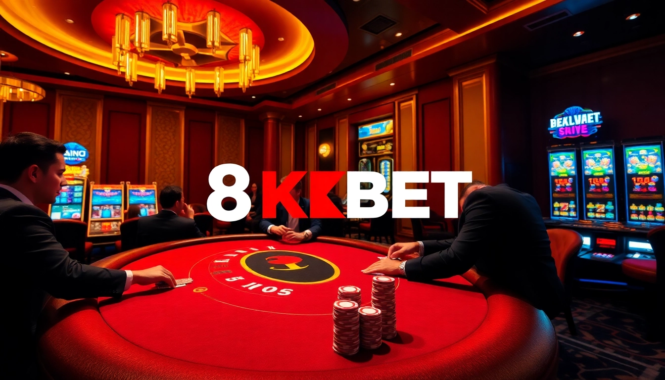 Players enjoying a high-stakes poker game at an elegant casino table promoting 8KBET.