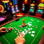 Players enjoying the go99 game at a luxurious casino table, surrounded by vibrant slot machines and roulette wheels.