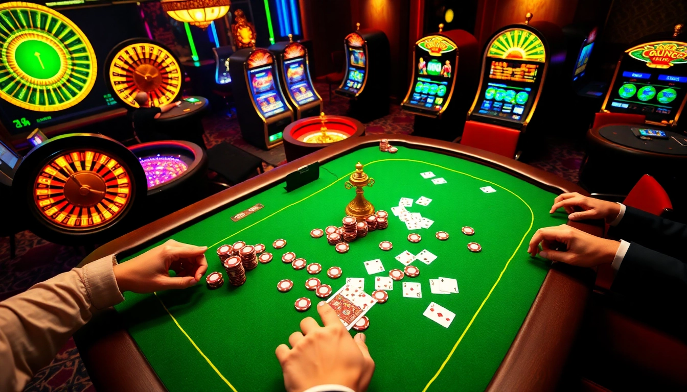 Players enjoying the go99 game at a luxurious casino table, surrounded by vibrant slot machines and roulette wheels.