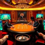 Players enjoying free credit live22 at an upscale casino table with vibrant lights and excitement.